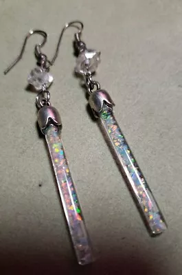 #1179 Long Glass Floating Opal Herkimer's Diamond Earrings • $39