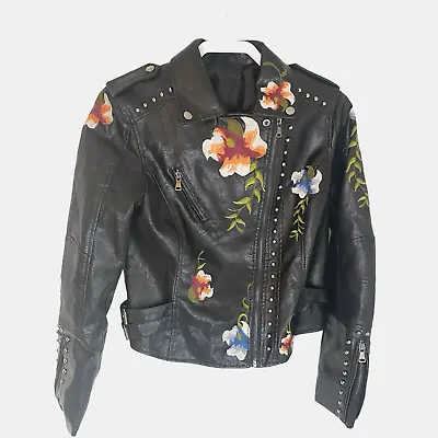 Women's Jacket Size M Studded Faux Leather Biker Jacket Floral Embroidered Vegan • $45.99