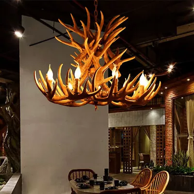 Rustic Lodge Resin Horn Antler Ceiling Pendant Light Vintage Bedroom Chandelier  • $289