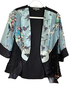 Violet Kay Womens M Floral Mixed Media Lace Kimono Jacket Lace Silk Rayon Blue • $21.91