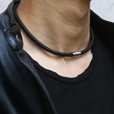 Black Man-made Leather Choker Necklace Stainless Steel Magnetic Jewelry 14-28in • $7.99