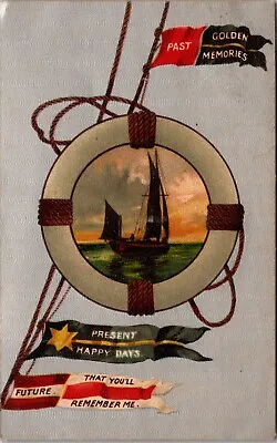 VINTAGE POSTCARD-c1910 NAUTICAL FLAGS PAST PRESENT FUTURE SHIP ON WAVES • $5