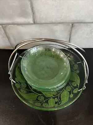 Vintage  Set Of 7 Green Glass Dessert  Dishes With Carrier  RARE • $24.99