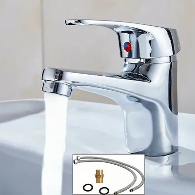 £13.59 • Buy UK Modern Bathroom Taps Basin Sink Mono Mixer Chrome Cloakroom Tap With 2 Hoses.