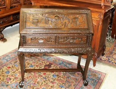 Carved Mahogany 2 Drawer Front Drop Desk | Home Office Furniture • $1400