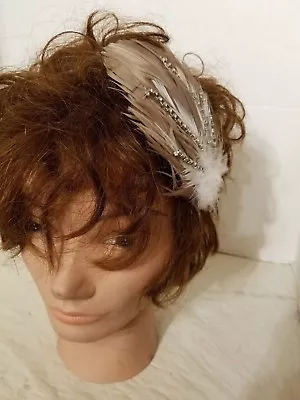 Beige And White Headband With Feathers And Rhinestones On Metal Band WEdding • $4