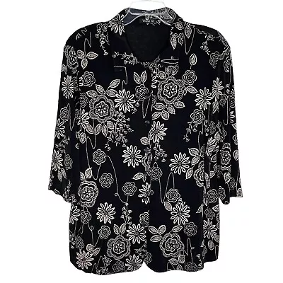 VIKKI VI Shacket Jacket Tunic Top Womens Size 1X Slinky 3/4 Sleeves Floral Black • $39