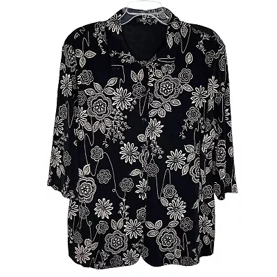 VIKKI VI Shacket Size 1X Black Slinky 3/4 Sleeves Stretch Jacket Top Floral • $35