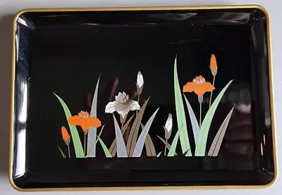 Vintage Small Japanese Black Lacquer Tray Iris Flowers Trinkets  • $9.50