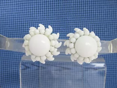 Vintage White Milk Glass Beaded Earrings Jagged Petal Edging Unsigned Germany • $14.99