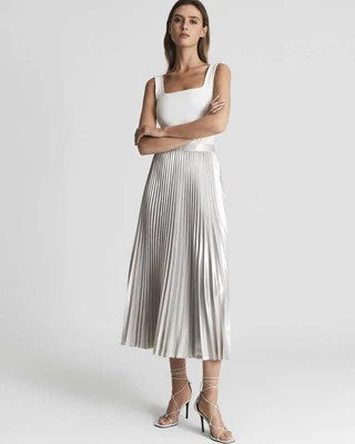 £80 • Buy Reiss Elle Metallic Pleat Skirt Uk 14
