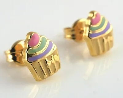 9ct Gold Enamel Cupcake Kids Stud Earrings • £34.99