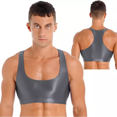 US Men Sports Bra Crop Tank Top Vest Shiny Glossy Y-Back Fitness Muscle T-Shirt  • $7.27