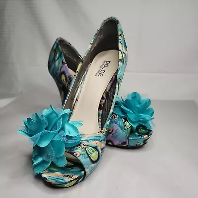 Dolce By Mojo Moxy Heels Colorful Green Blue Floral Print Size 9.5Peep Toe Pumps • $29.99