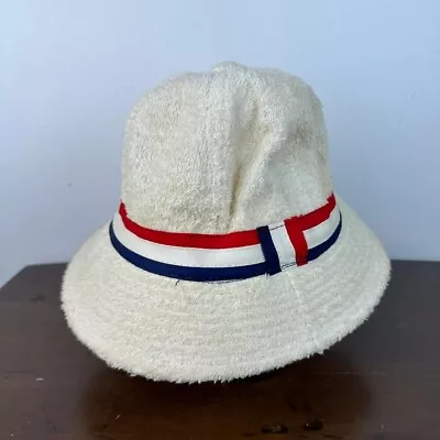 Vintage 80s White Cream Terry Cloth Red Blue Band Tennis Bucket Hat Cap Size M • $15
