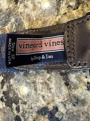 Vineyard Vines Sz 32 Whale Canvas Brown Leather Belt Pink/Navy Blue Made In USA • $15