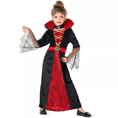 Kids Red Vampiress Costume Girls Vampire Dracula Halloween Fancy Dress 3-14 Yrs • £18.99