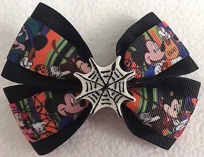 Girls Hair Bow 4  Wide Mickey Minnie Halloween Spiderweb Flatback Frnch Barrette • $6.99