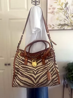 Michael Kors Zebra Canvas Brown Leather  Trim Tote Shoulder Handbag Lock Logo • $50