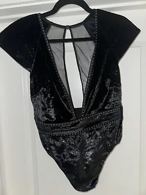 Victoria’s Secret Black Shine Velvet Shoulder Pad Body Suit Deep Plunge  • $14.99