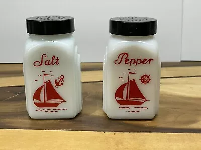 Vintage Set Of McKee Red Sailboat Milk Glass Salt & Pepper Shakers • $25