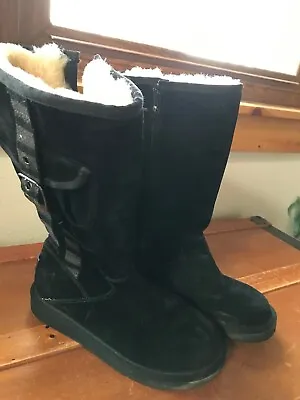 Gently Used UGG Black Suede Leather High Top Winter Boots With Side Pocket & Bel • $27.27