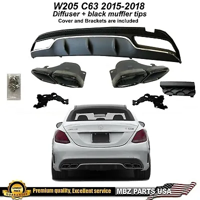 C63 W205 Diffuser Black Muffler Tips Exhaust Kit AMG 2015 2016 2017 2018 Sedan • $299