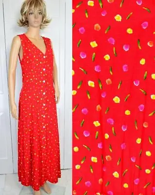 VTG 80s 90s Coldwater Creek Red Print Rayon Button Front Pockets Maxi Sun Dress • $19.99