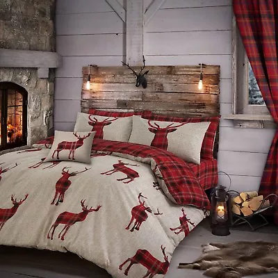 Tartan Check Winter Stag Duvet Cover Bedding Set Highland Check Reversible Duvet • £7.50