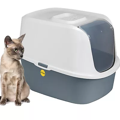 Hooded Cat Litter Tray Box Toilet Loo Charcoal Filter Deep Dark Grey Flap Door • £18.95