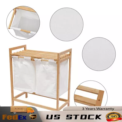 Bamboo Frame Laundry Hamper With Dual Basket Two-Sections Removable Laundry Bags • $39