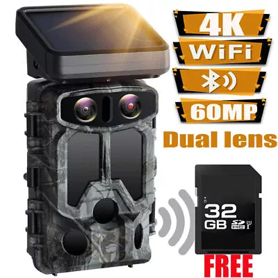 Solar Powered Dual Lens Trail Camera 4K 60MP WiFi Bluetooth Hunting Night Vision • $174.99