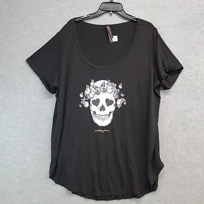 Betsey Johnson Women Top 3x Black Tunic T-Shirt Butterfly Skull Graphic Scoop • $26.31