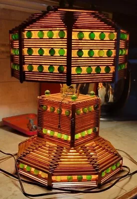 Vintage Boho Table Lamp Handmade Tramp Folk Art Popsicle Stick Marbles  • $119.99