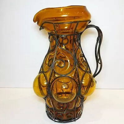 ANTIQUE RARE Venetian Glass Pitcher Amber Bubble Blown Glass In Black Metal Cage • $87.99