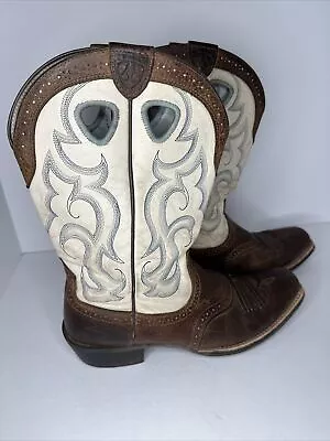 Women's 8.5 B M Ariat Rawhide Brown & Cream Square Toe Cowboy Boots 10006885 • $40