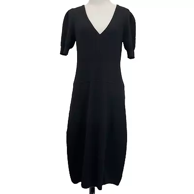 Talbots Pure Merino Wool Small Short Sleeve Sweater Dress Black V-Neck Ribbed • $28.49