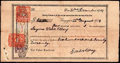 Singapore 1908 Promissory Note Affixed Straits Settlements King Edward 5c & 30c. • $3.20