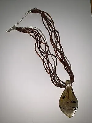 Vintage Venetian Teardrop Style Glass Pendant Choker Seed Bead Browns Gold  • $8.99