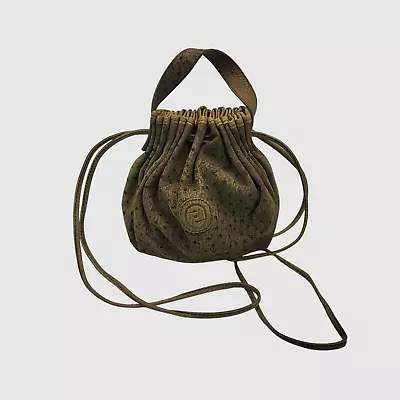 Vintage Aries Brand Bag Purse Leather Drawstring Cinch Top Faux Ostrich Brown • $19.35