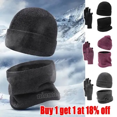 3PCS Mens Girl Beanie Hat And Neck Scarf Knitted Gloves Set Winter Warmer UK • £9.58