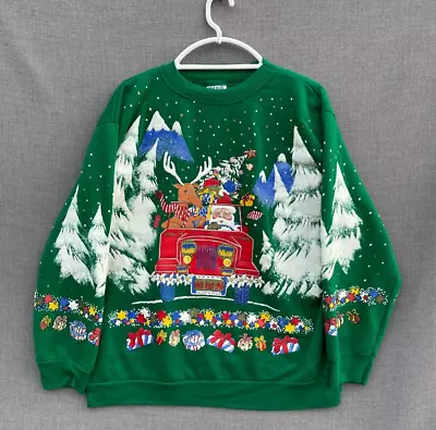 Vintage Christmas Sweatshirt Adult XL Green Puff Print Crewneck Holiday Time • $24.88