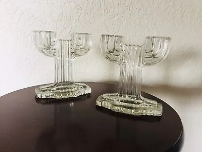 Antique Art Deco Glass Double Cactus Candelabra Candlestick Holders - A Pair • $24.49