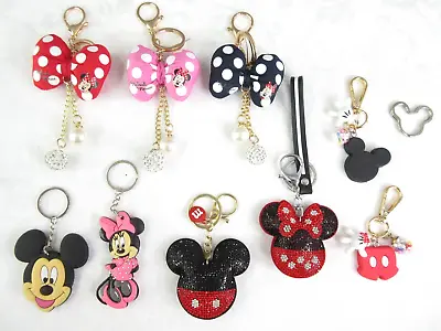 Mickey Minnie Mouse Keychain Dangle Rhinestone Bling Pom Pom Metal Head U CHOOSE • $9.95