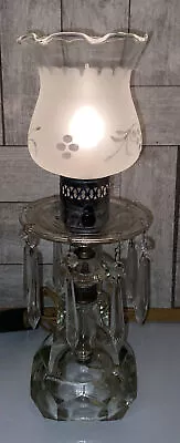 Antique Etched Cut Lead Crystal Hanging  Prisms Hurricane Boudoir Lamp 14”h • $49.99