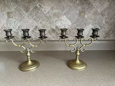 Vintage Solid Brass Candelabra Candle Holder Ornate 3 Arm Heavy -  8 1/2  - USA • $49.50