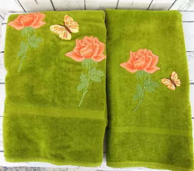 Vintage Fieldcrest NWT Avocado Green 2pc Bath Hand Towel Set Embroidered Rose • $24.65