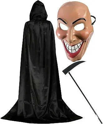 Adult Halloween Black Grim Reaper Costume Mens Scary Mask Fancy Dress Outfit Set • £19.95