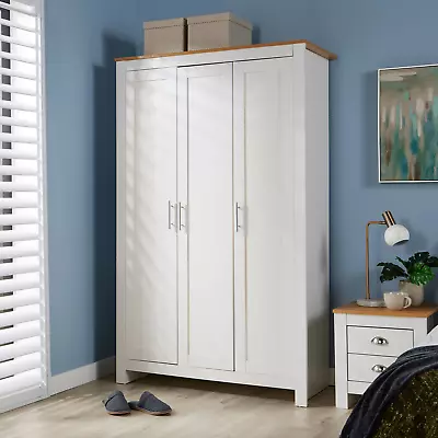 Wardrobe 3 Door Bedroom Furniture Clothing Storage White Oak Top Wood Nightstand • £209.99