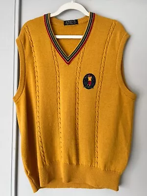 Jaeger Mens Golf Outdoor Knit Vest 100% Lambswool Mustard Yellow Size 44in • £25